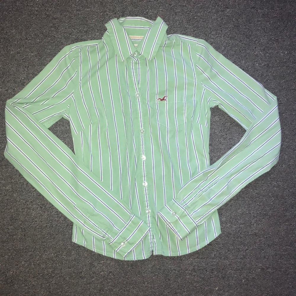 “Hollister” Green & Blue Striped Button Down Shirt